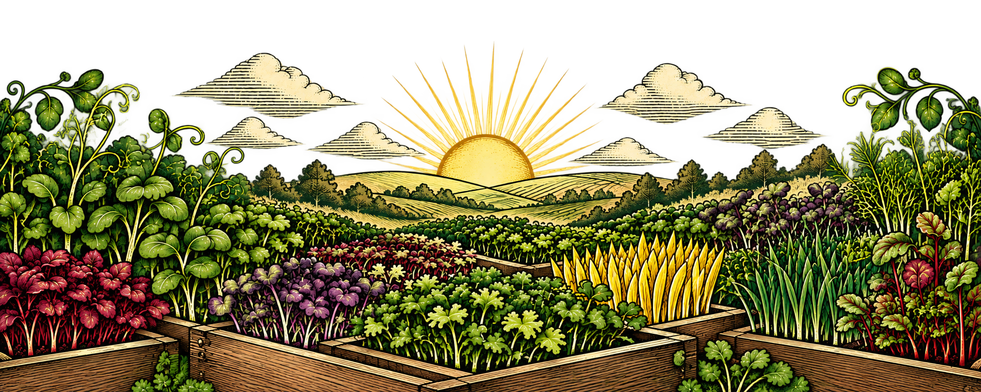 Illustrated field of colorful microgreens under a sunrise