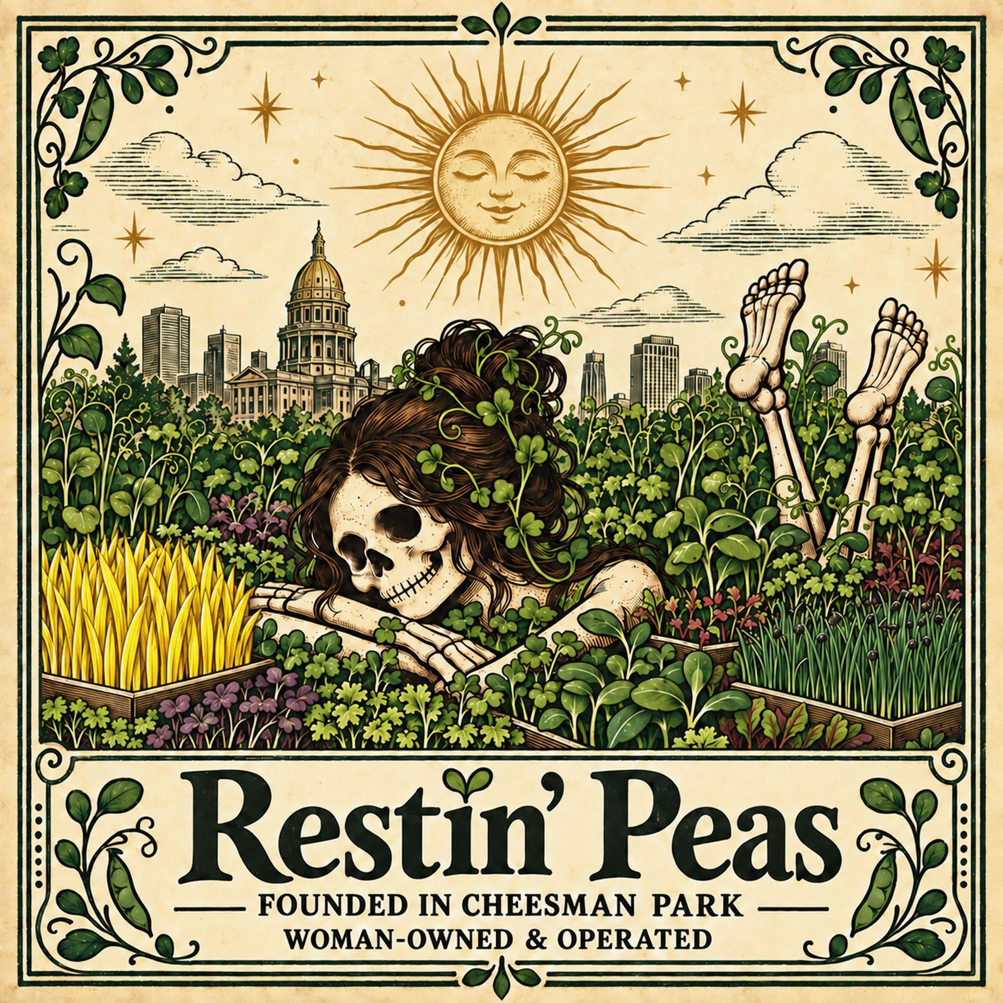 Restin’ Peas tarot artwork depicting Denver, sun, and microgreens, with the words Founded in Cheesman Park, woman-owned and operated